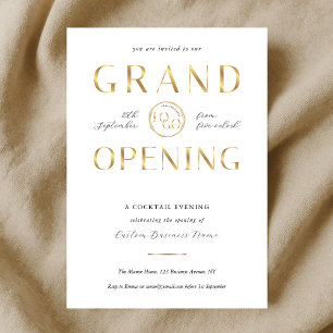 Invitación Elegante Logo Dorado Apertura Grandiosa Moderna Ne