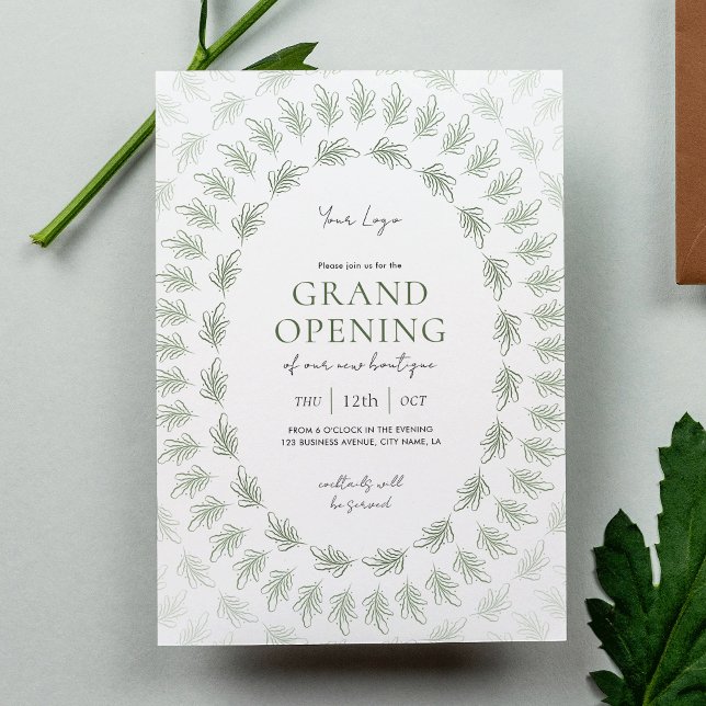 Invitación Elegante logotipo comercial de Grand Opening Green (Elegant greenery business grand opening invitation design with fully editable text)