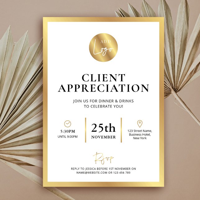 Invitación Elegante Logotipo de Oro Apreciación del cliente D (Elegant white and faux gold business client or donor appreciation event invitation design )