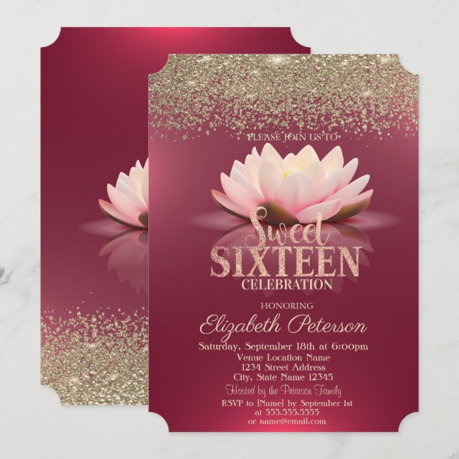 Invitación Elegante Lotus Gold Confetti Diamantes Rojo Dulce  (Anverso / Reverso)