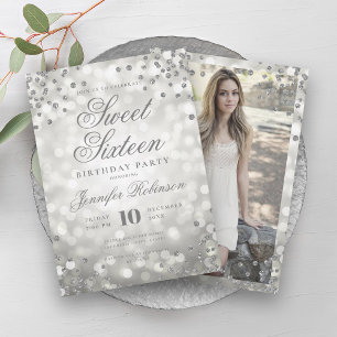 Invitación Elegante Luces de Glam Plata Foto Dulce 16