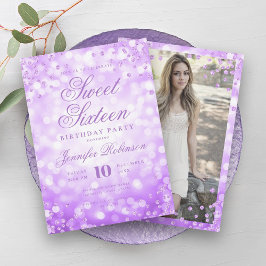 Invitación Elegante Luces De Glam Púrpura Foto Dulce 16