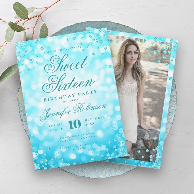 Invitación Elegante Luces de Glam Turquesa Foto Dulce 16 (Elegant Turquoise Glam Lights Photo Sweet 16 Invitation)
