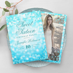 Invitación Elegante Luces de Glam Turquesa Foto Dulce 16