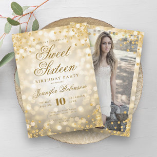Invitación Elegante Luces de Oro Glam Confetti Photo Sweet 16