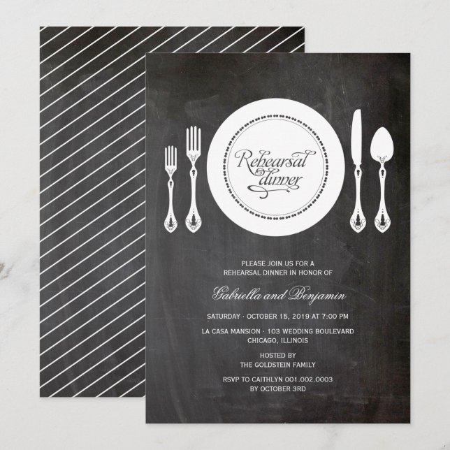 Invitación Elegante Lugar Fijando El Ensayo Boda Cena (Anverso / Reverso)