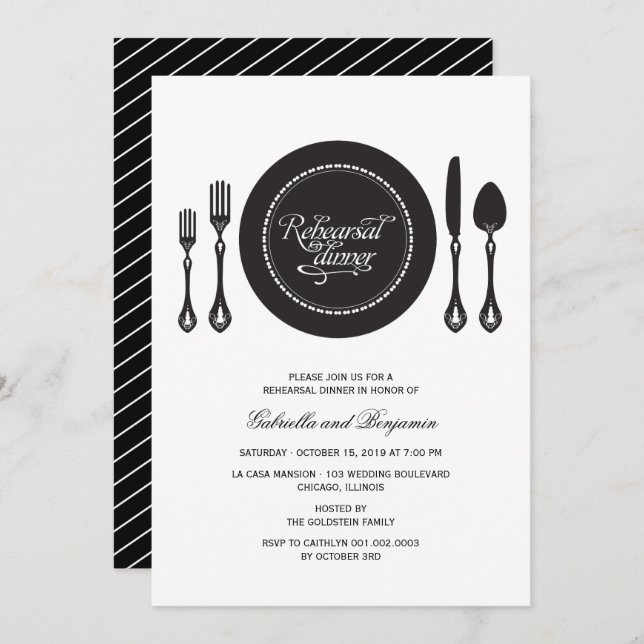 Invitación Elegante Lugar Fijando El Ensayo Boda Cena (Anverso / Reverso)