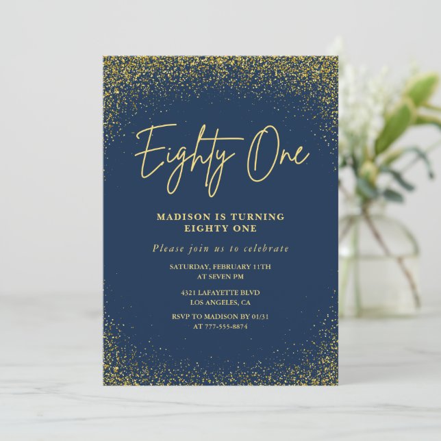Invitación Elegante lujo azul oro brillo 81 cumpleaños (Anverso de pie)