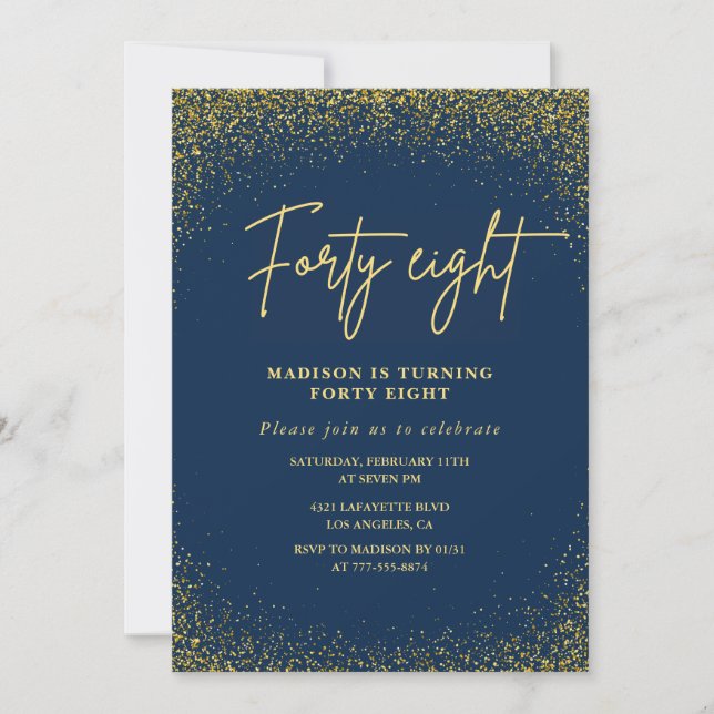 Invitación Elegante Lujo Azul Oro Brillo Cumpleaños 48 (Anverso)