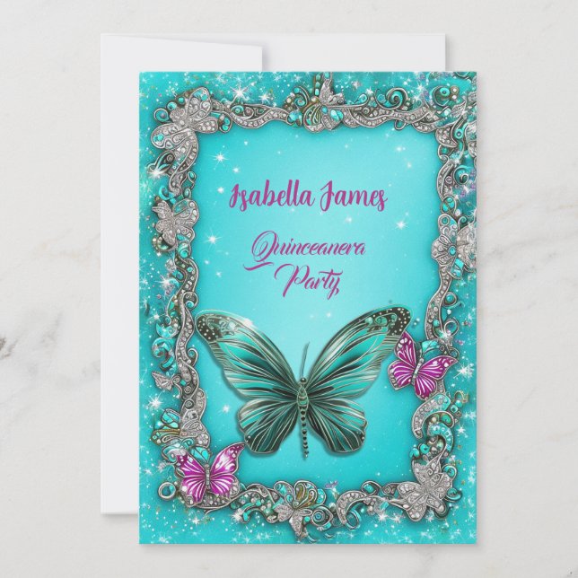 Invitación elegante lujo Butterflies turquesa de estilo viole (Anverso)