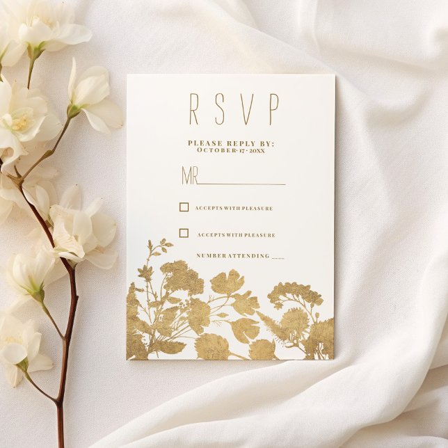 Invitación Elegante lujo de flores silvestres de oro blanco (Elegant white gold wildflower luxury RSVP)