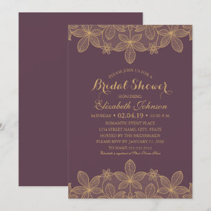 Invitación Elegante Lujo Lace Dorado Pluma Púrpura Ducha Brid