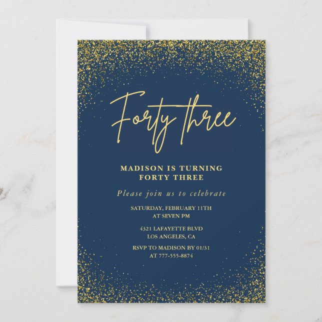 Invitación Elegante Lujo Navy Dorado Brillo Cumpleaños 43 (Anverso)