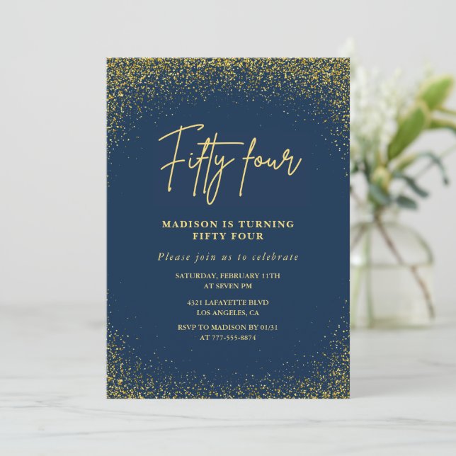 Invitación Elegante Lujo Navy Dorado Brillo Cumpleaños 54 (Anverso de pie)