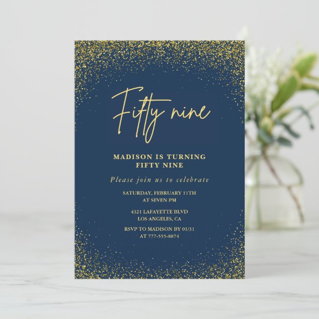 Invitación Elegante Lujo Navy Dorado Brillo Cumpleaños 59 (Anverso de pie)