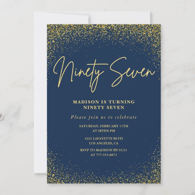 Invitación Elegante Lujo Navy Dorado Brillo Cumpleaños 97 (Anverso)