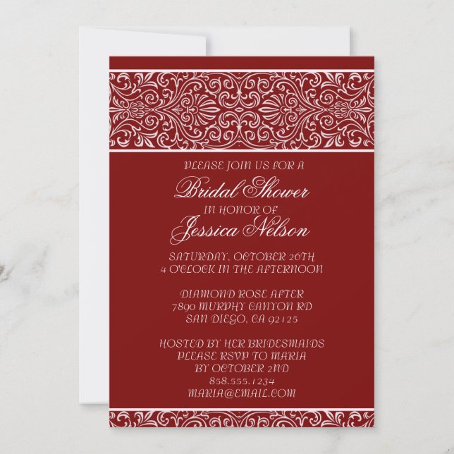 Invitación Elegante Lujo Rojo Lace Bridal Shower Invite (Anverso)