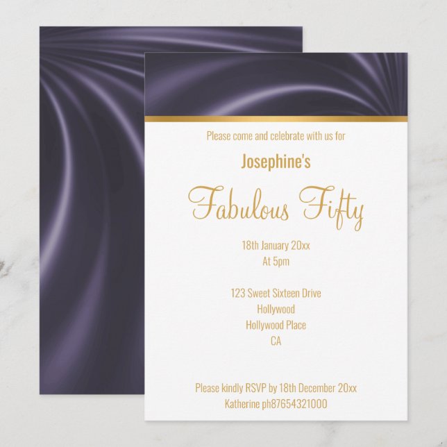 INVITACIÓN ELEGANTE LUJO SATIN DRAPE PURPLE PERSONALIZADO (Anverso / Reverso)