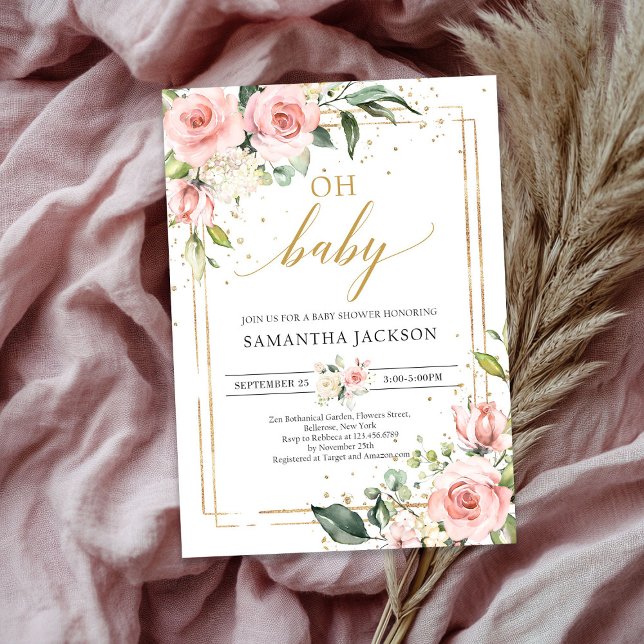 Invitación Elegante lujoso dorado floral rosa boho oh bebé (Elegant lush pink floral gold boho oh baby shower invitation)