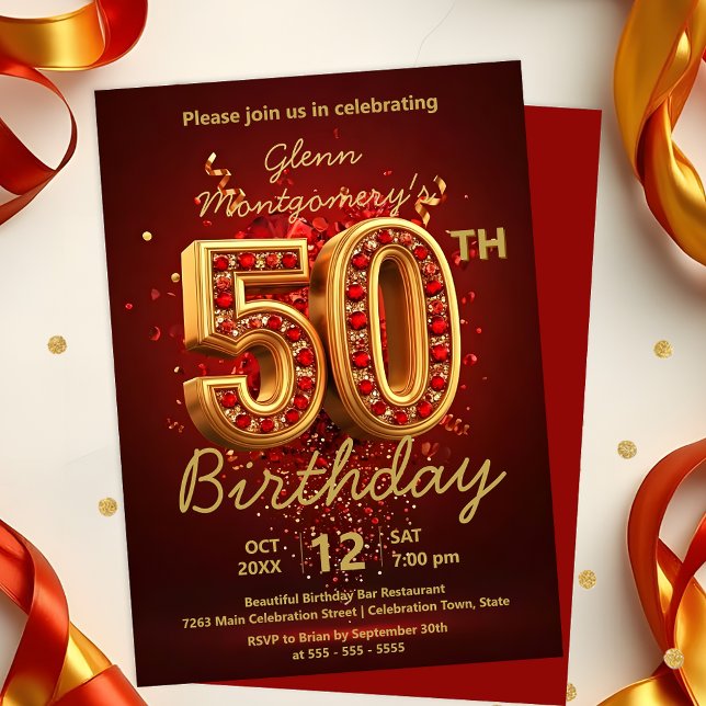 Invitación Elegante Lujoso Rojo y Oro 50 cumpleaños (Subido por el creador)