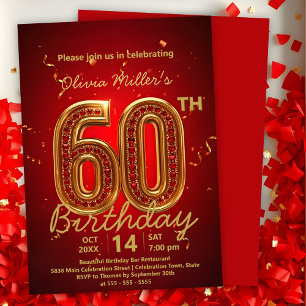 Invitación Elegante lujoso rojo y oro 60 cumpleaños