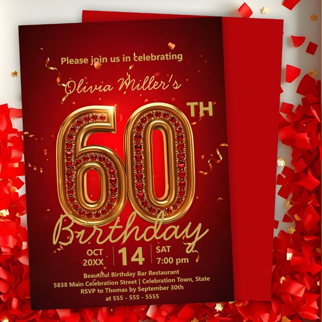 Invitación Elegante lujoso rojo y oro 60 cumpleaños (Subido por el creador)