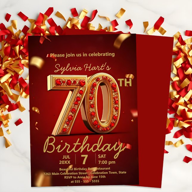 Invitación Elegante Lujoso Rojo y Oro 70 cumpleaños (Subido por el creador)