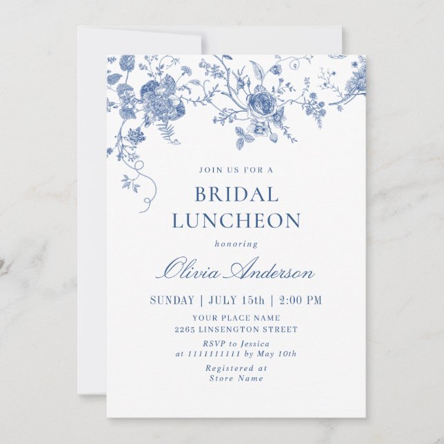 Invitación Elegante LUNCHEON con flores azules de estilo vict (Anverso)