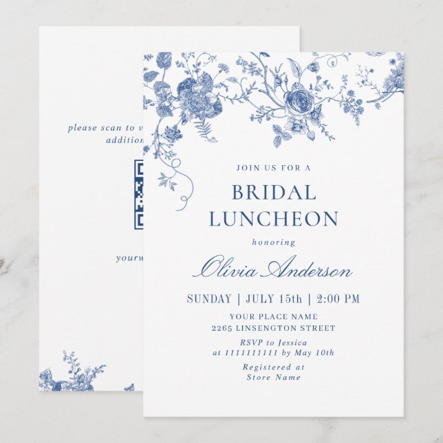 Invitación Elegante LUNCHEON con flores azules de estilo vict (Anverso / Reverso)
