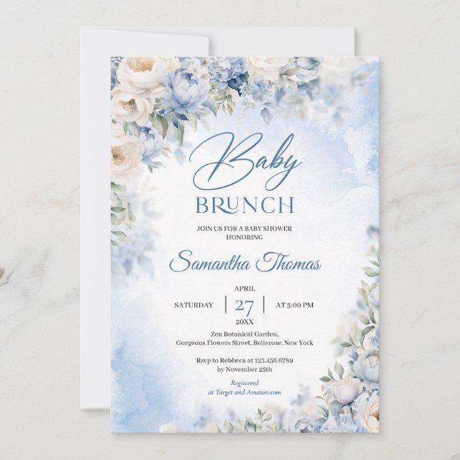 Invitación Elegante luz azul y blanco Flores bebé brunch (Anverso)