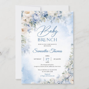 Invitación Elegante luz azul y blanco Flores bebé brunch