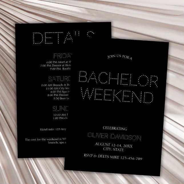Invitación Elegante luz negra bachiller fin de semana itinera (Stylish Black Lights Bachelor Weekend Itinerary Invitation)