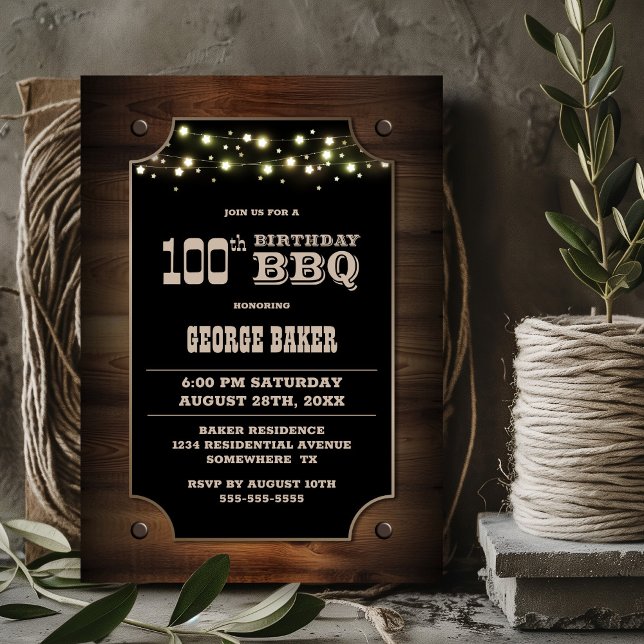 Invitación Elegante madera 100 cumpleaños BBQ (Subido por el creador)