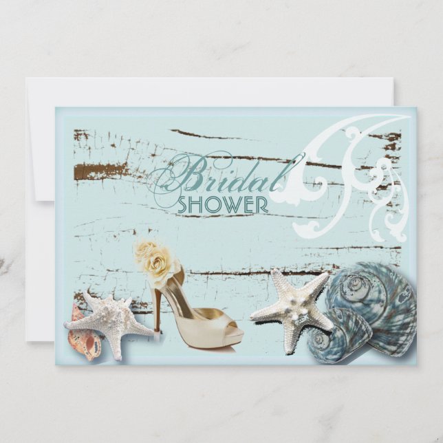 Invitación Elegante madera BLue Seashells Beach ducha de novi (Anverso)