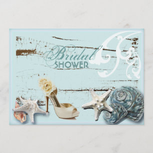 Invitación Elegante madera BLue Seashells Beach ducha de novi