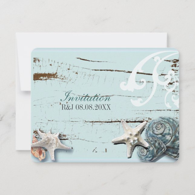 Invitación Elegante madera BLue Seashells Beach Wedding (Anverso)