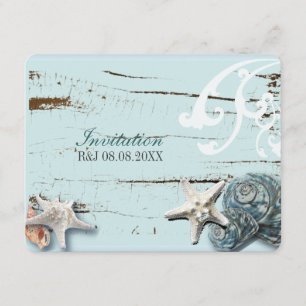 Invitación Elegante madera conchas azules de mar Boda en la p