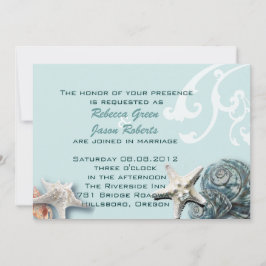 Invitación Elegante madera conchas de mar azules Boda de play