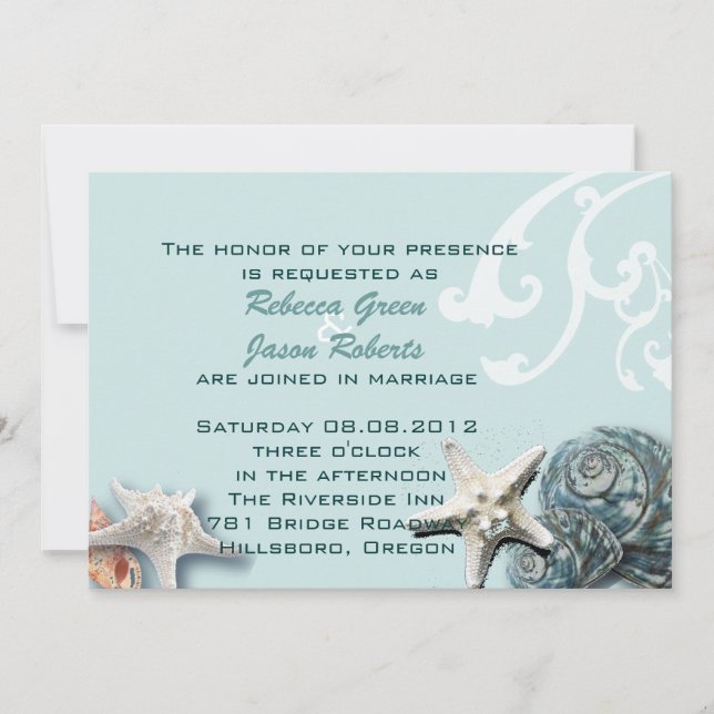 Invitación Elegante madera conchas de mar azules Boda de play (Anverso)
