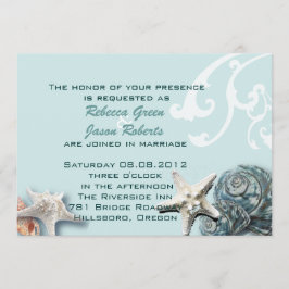 Invitación Elegante madera conchas de mar azules Boda de play