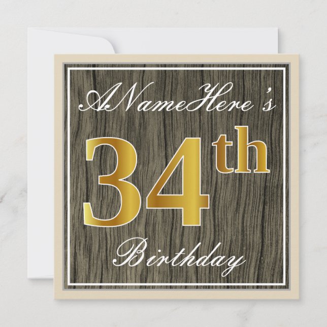 Invitación Elegante, Madera Falsa, Dorado Falso Cumpleaños 34 (Anverso)