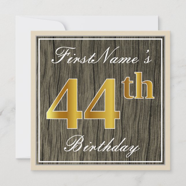 Invitación Elegante, Madera Falsa, Dorado Falso Cumpleaños 44 (Anverso)