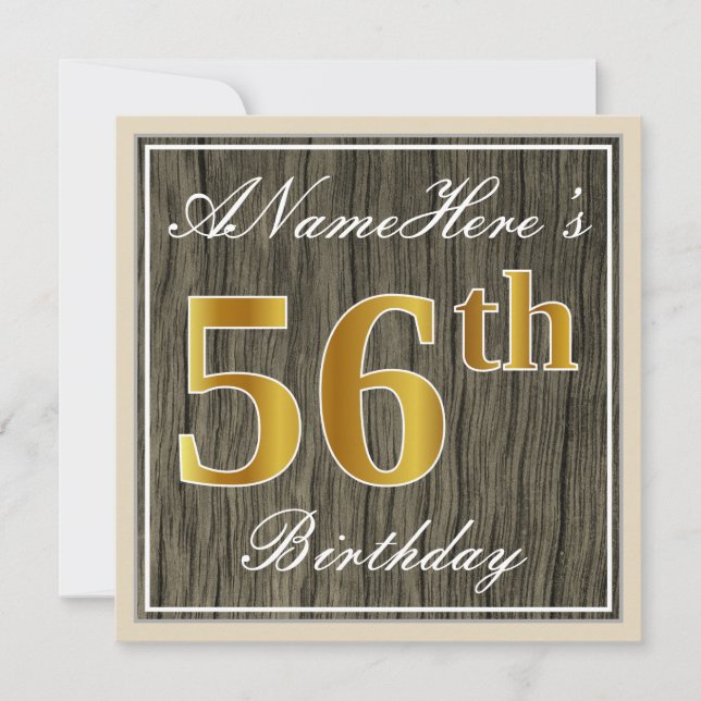 Invitación Elegante, Madera Falsa, Dorado Falso Cumpleaños 56 (Anverso)