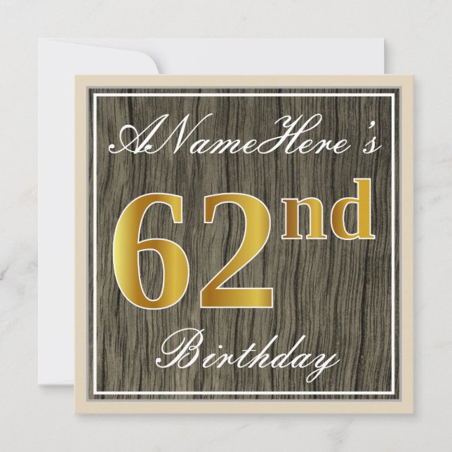 Invitación Elegante, Madera Falsa, Dorado Falso Cumpleaños 62 (Anverso)