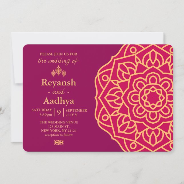 Invitación Elegante Magenta Gold Hindu Mandala Boda indio (Anverso)