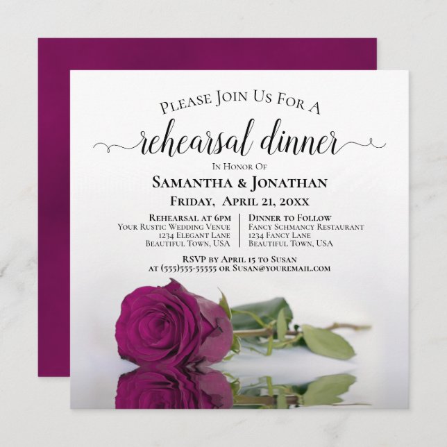 Invitación Elegante magenta Rosa Boda ensayo y cena (Anverso / Reverso)