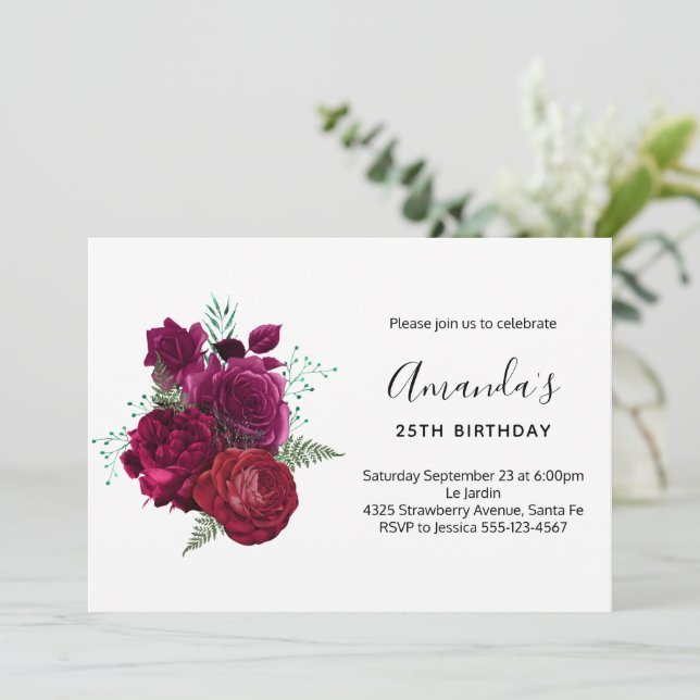 Invitación Elegante Magenta Rosa Floral Bouquet Cumpleaños (Anverso de pie)