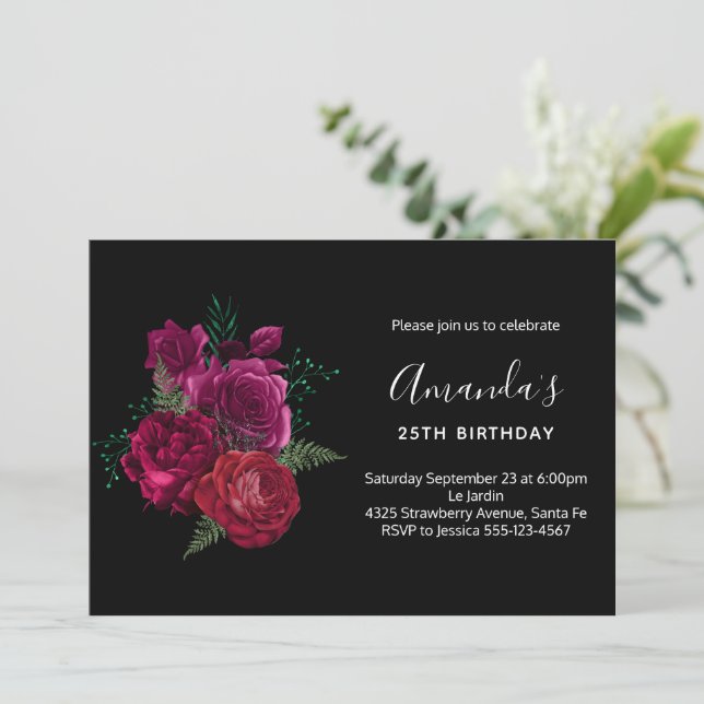 Invitación Elegante Magenta Rosa Floral Bouquet Cumpleaños (Anverso de pie)