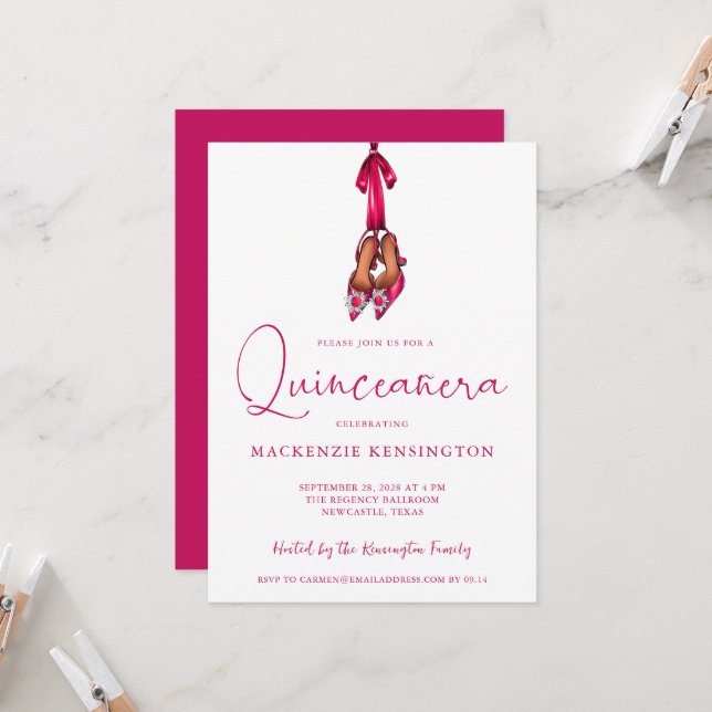 Invitación Elegante Magenta Sparkle High Heels Quinceañera (Anverso/Reverso In Situ)