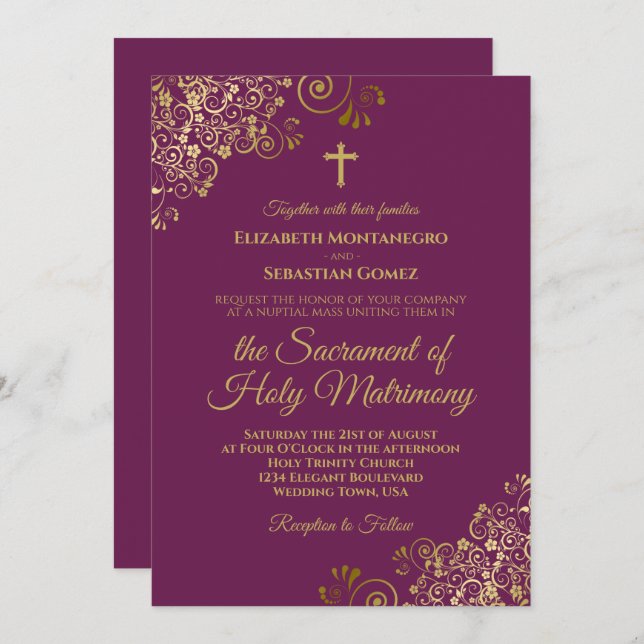 Invitación Elegante Magenta y Boda católico moderno de oro (Anverso / Reverso)